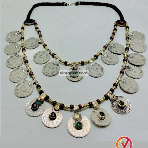 Multi-Strand Coins Necklace, Vintage Coins Necklace With Beaded Chain - Picture 4 of 9